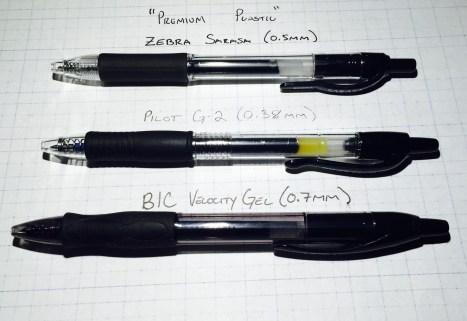 Sarasa, G-2, and Velocity Gel